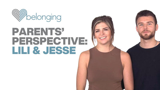 Lili and Jesse standing beside the Belonging logo with the text “Parents’ Perspective: Lili & Jesse” on a light background.