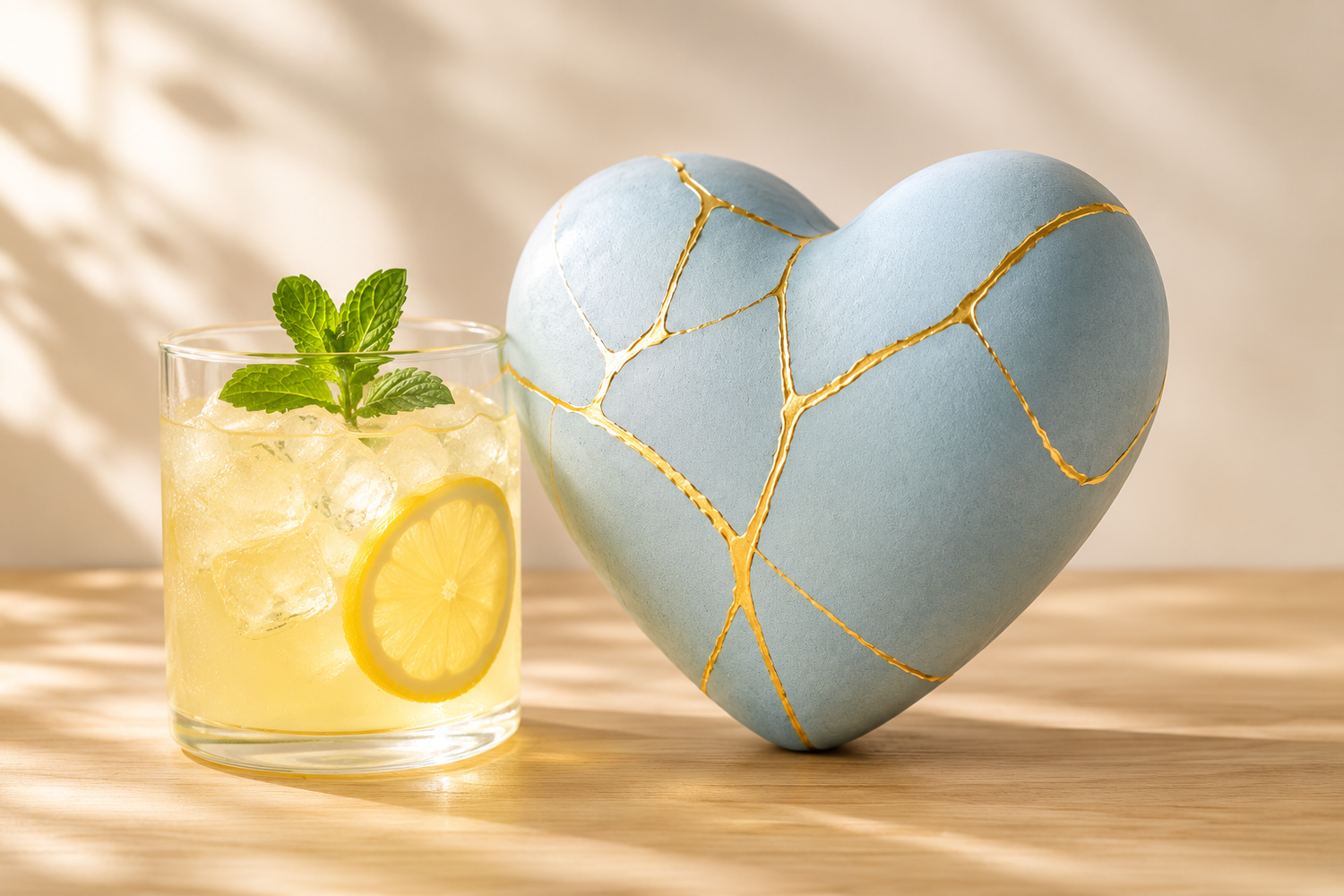 Heart-shaped decorative item with gold repair lines next to a glass of lemonade on a wooden surface.